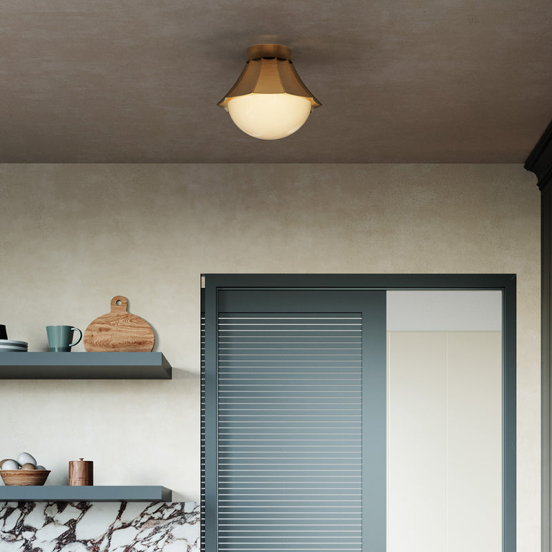 Gold Flush Mount Lights gold flush mount light with white globe shade in a contemporary kitchen.