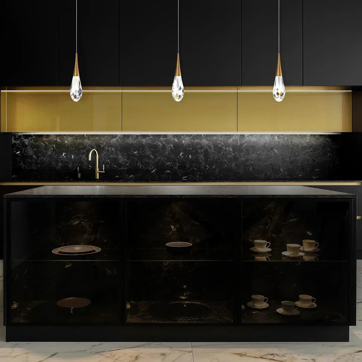 Elegant crystal mini pendant lights by Schonbek hanging above a modern kitchen island at Lights Canada