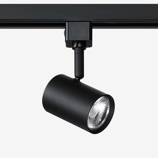 Black cylindrical track head with adjustable swivel mount on a linear rail.