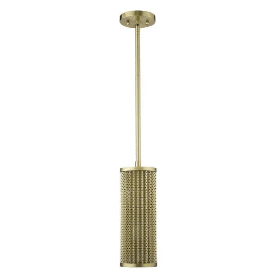 Brass mini pendant light with perforated cylindrical shade from the Trend Collection at Lights Canada