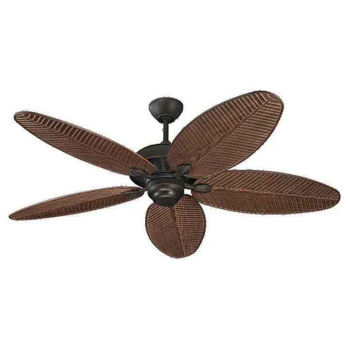 Visual Comfort Fan Collection outdoor fan with woven leaf-style blades in a tropical design.