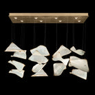 Linear chandelier with curved ivory glass panels suspended beneath a rectangular gold-toned canopy.