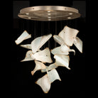 Chandelier with cascading curved ivory glass panels, gold-toned edges and a round gold-toned ceiling canopy.