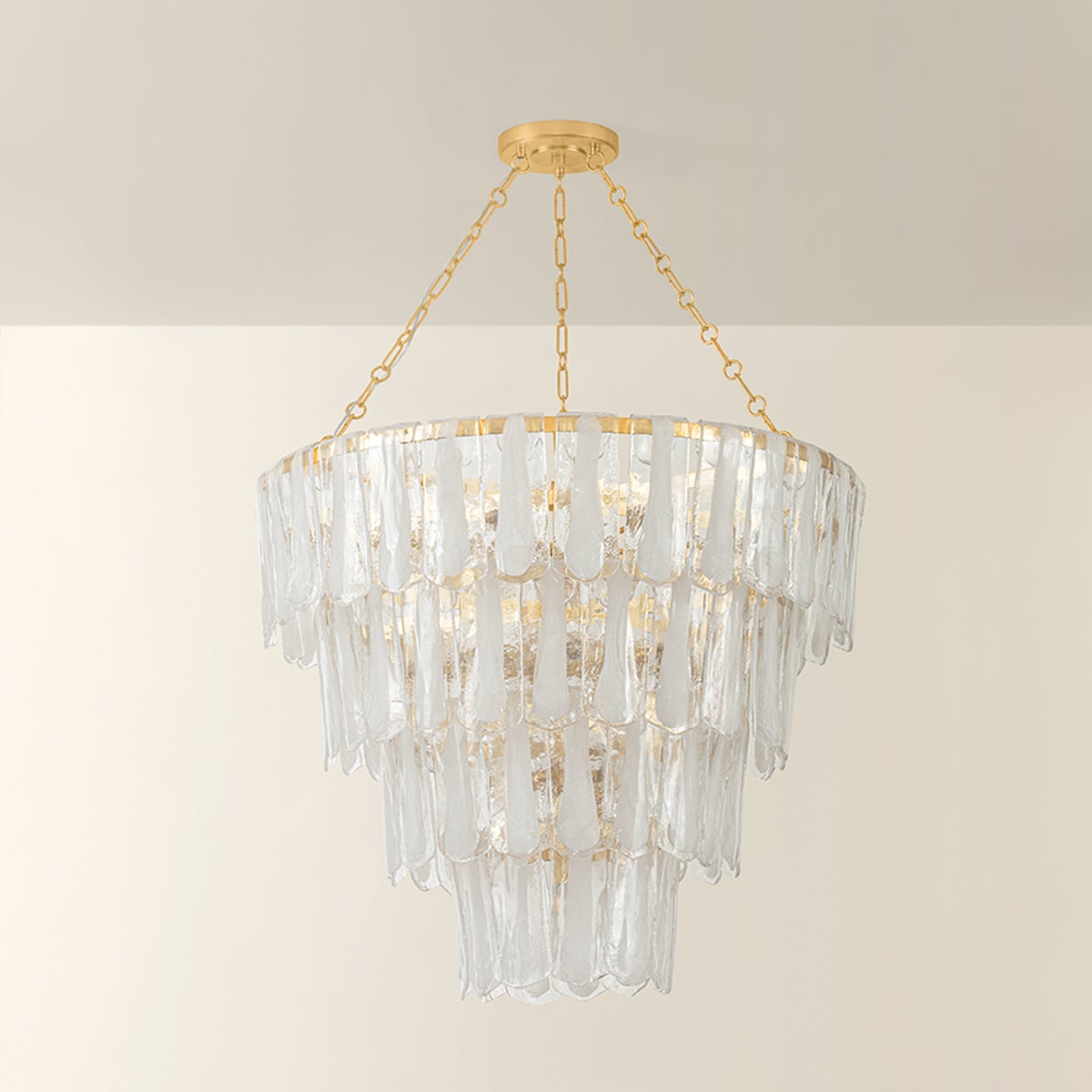 Tappan tiered crystal and glass chandelier with multiple layers of rectangular glass panels on gold chain