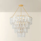 Tappan tiered crystal and glass chandelier with multiple layers of rectangular glass panels on gold chain