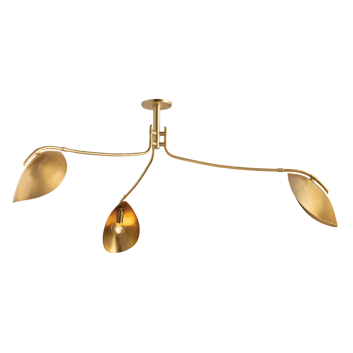 Avondale Semi Flush three-arm antique brass ceiling light with leaf-shaped shades, product cutout on transparent background