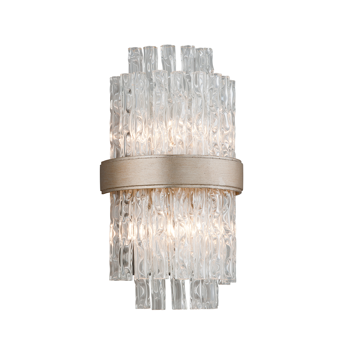 Crystal wall sconce with layered glass icicle drops and silver satin nickel band frame, product shot on white background