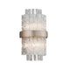 Crystal wall sconce with layered glass icicle drops and silver satin nickel band frame, product shot on white background