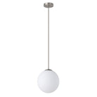 Pendant light with white globe shade and silver fixture on a white background