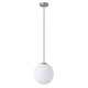 Pendant light with white globe shade and silver fixture on a white background