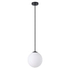 Pendant light with white glass shade and black fixture on a white background