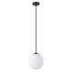 Pendant light with white glass shade and black fixture on a white background