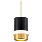Modern cylindrical pendant light with matte black body and gold brass base ring on brass rod, product shot