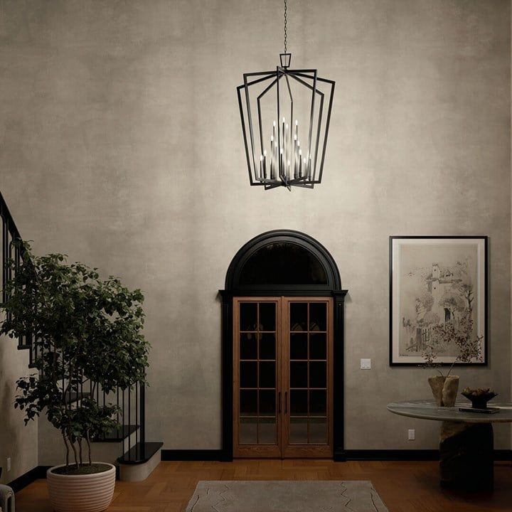 foyer design with cage pendant light over doorway