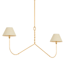 Two-arm chandelier with twisted gold brass stem and curved arms with cream drum shades, product cutout on transparent background