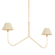 Two-arm chandelier with twisted gold brass stem and curved arms with cream drum shades, product cutout on transparent background