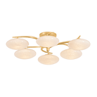 Six-arm chandelier with oval white glass globes on gold brass arms, product cutout on transparent background
