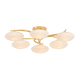 Six-arm chandelier with oval white glass globes on gold brass arms, product cutout on transparent background