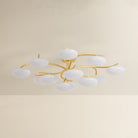 Bayberry multi-arm chandelier with unlit oval white glass globes on gold brass branches, product shot