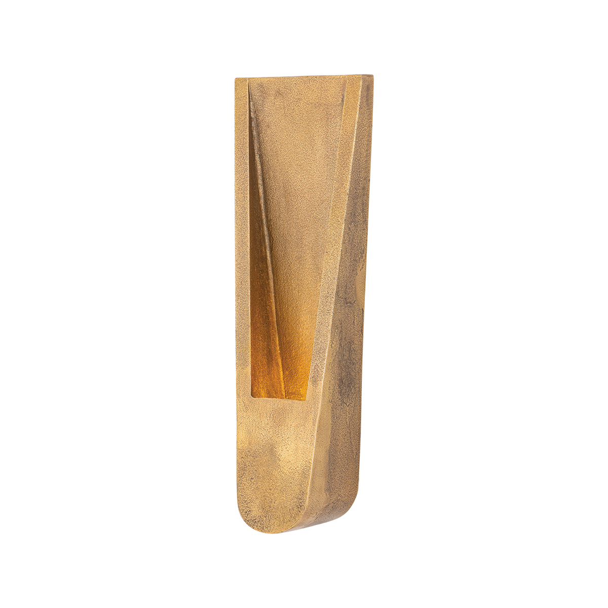 Tall narrow amber glass pendant shade product cutout on transparent background, cylindrical warm gold tone