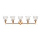 A five-light wall-mounted vanity light fixture with a brushed brass or gold-finished horizontal bar and five clear ribbed glass shades, shown against a plain white background.