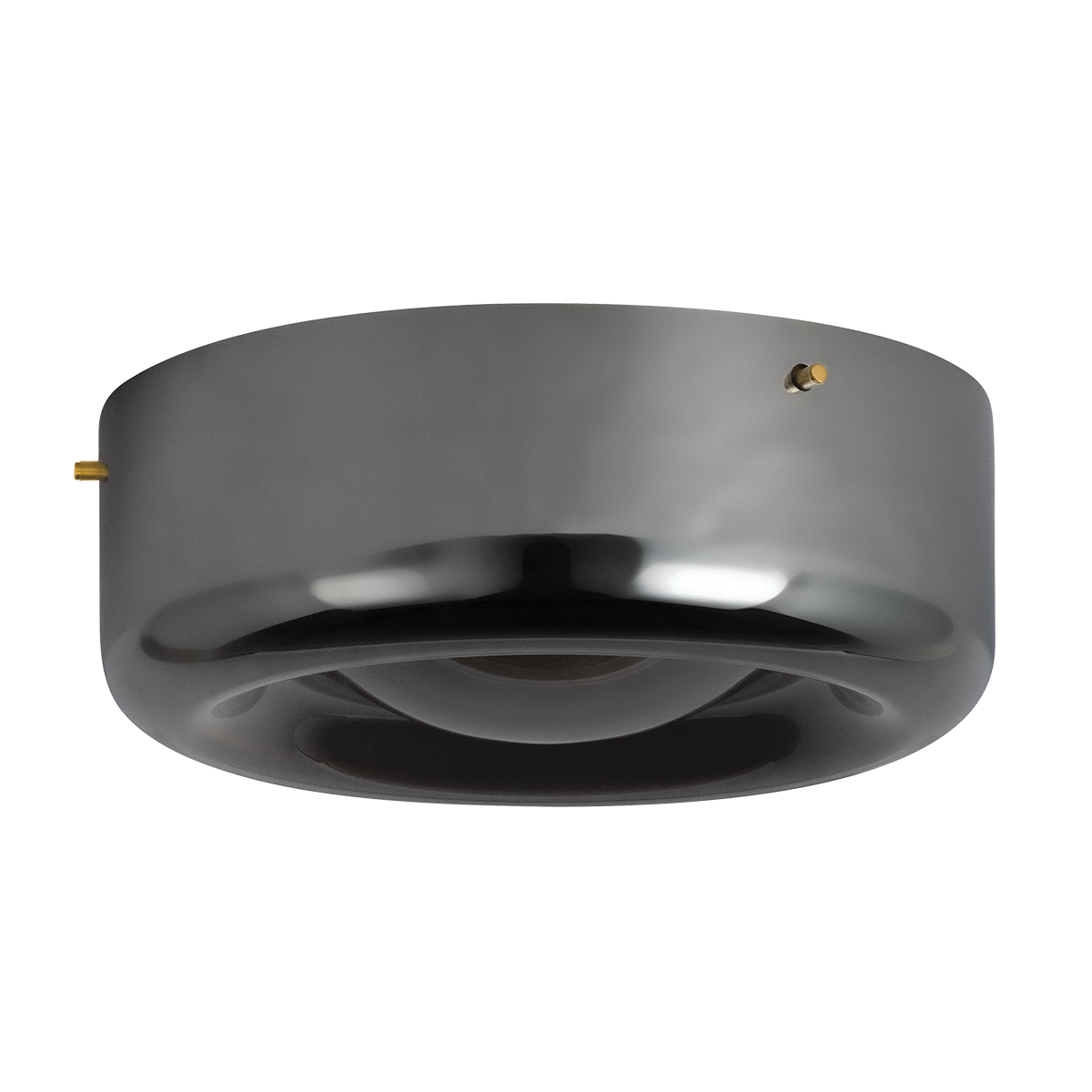Gunmetal grey round flush mount ceiling light product cutout on transparent background, angled view