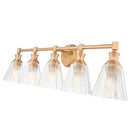 A five-light bathroom vanity light fixture with a warm brass/gold horizontal bar and clear ribbed glass shades, shown against a plain white background.