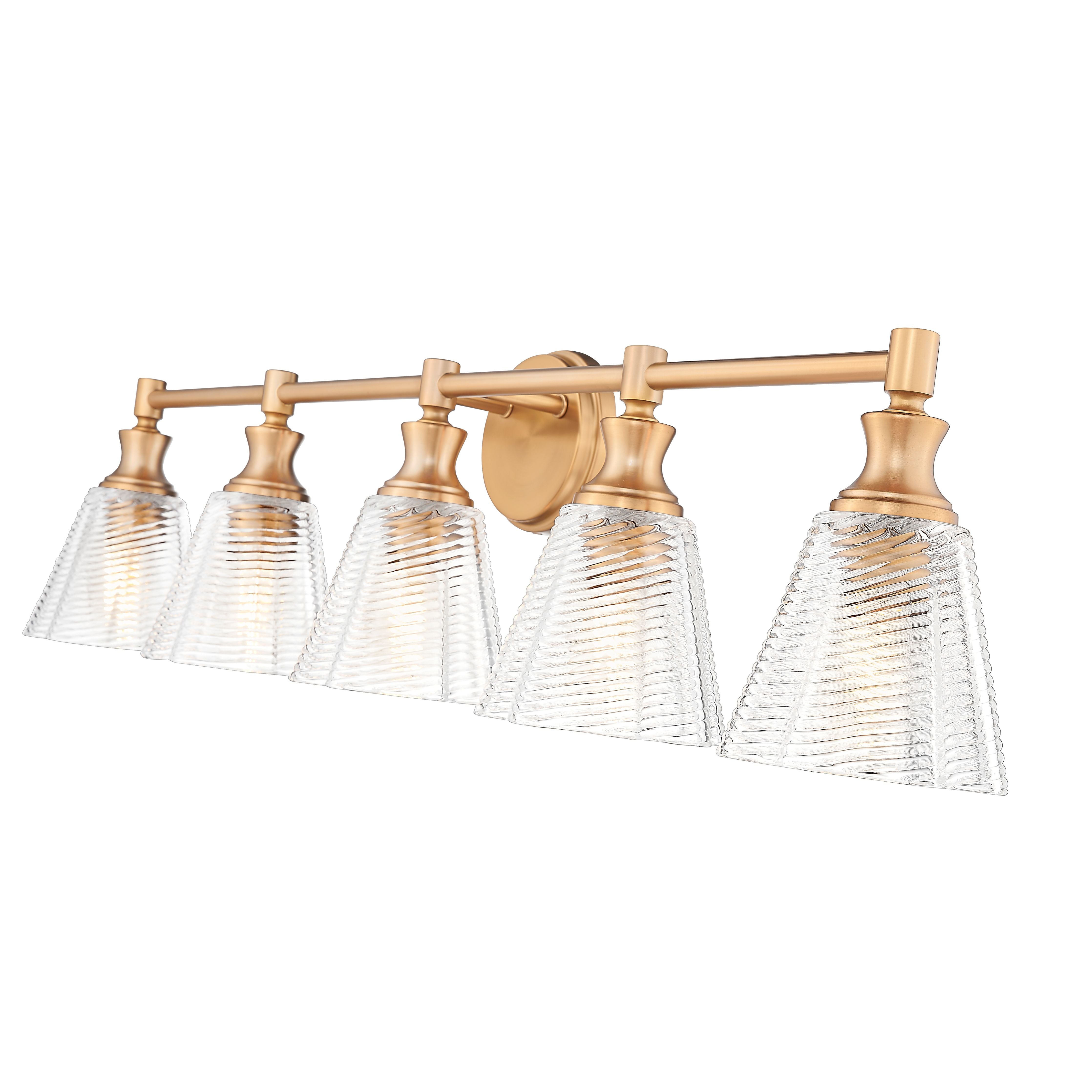 A five-light bathroom vanity light fixture with a warm brass/gold horizontal bar and clear ribbed glass shades, shown against a plain white background.