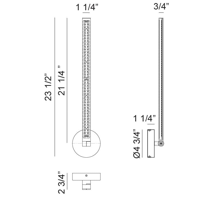 Narrow LED bar wall light line drawing showing 23 1/2 inch height and 3/4 inch width with dimensions