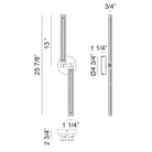 Narrow LED bar wall light line drawing showing 25 7/8 inch height and 3/4 inch width with dimensions