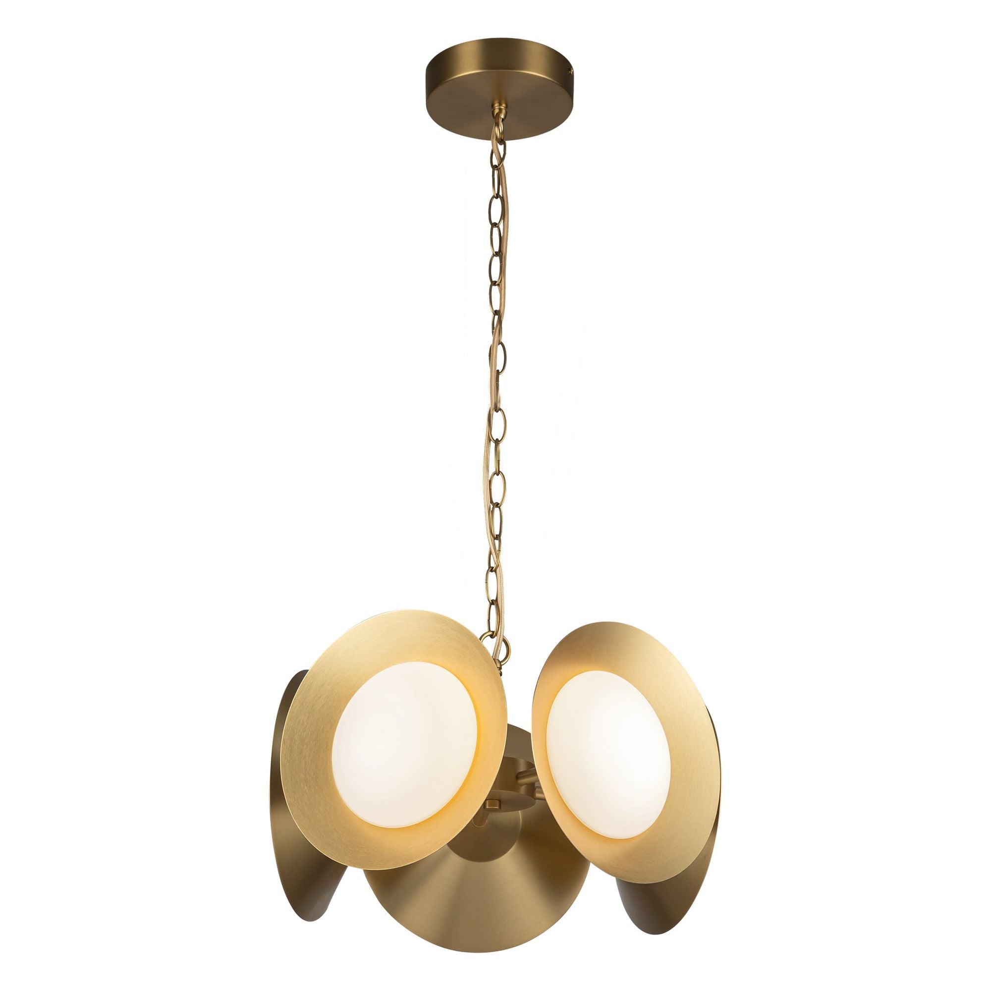 Cleo 16-inch LED chandelier with gold finish and round shades, designed to create ambiance with warm modern décor.