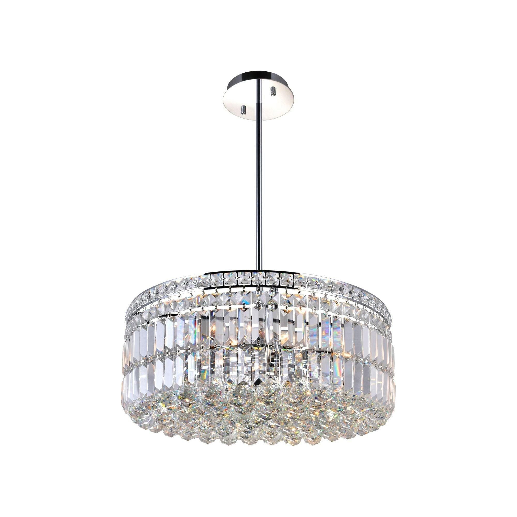 CWI Colosseum chandelier with chrome finish and layered crystals, an elegant design completing décor with subtle industrial influence.