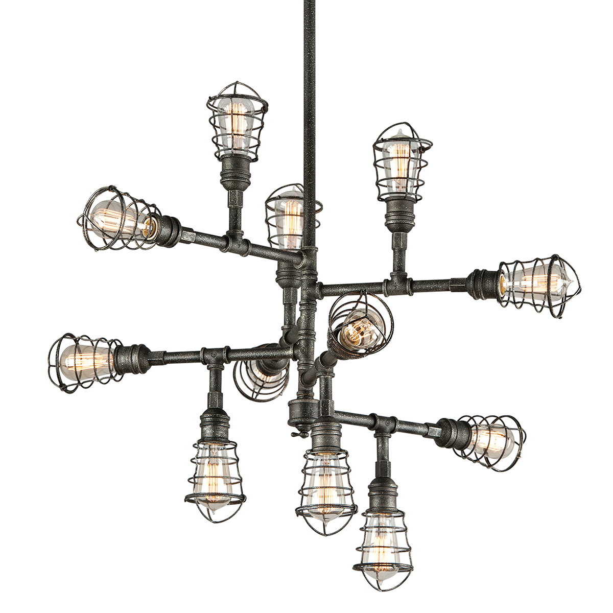 Industrial-style multi-arm chandelier with cage-covered Edison bulbs in aged pewter finish on a white background