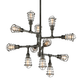 Industrial-style multi-arm chandelier with cage-covered Edison bulbs in aged pewter finish on a white background