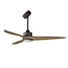 Three-blade ceiling fan with natural wood blades, charcoal motor and light kit on a white background
