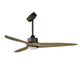 Three-blade ceiling fan with natural wood blades, charcoal motor and light kit on a white background