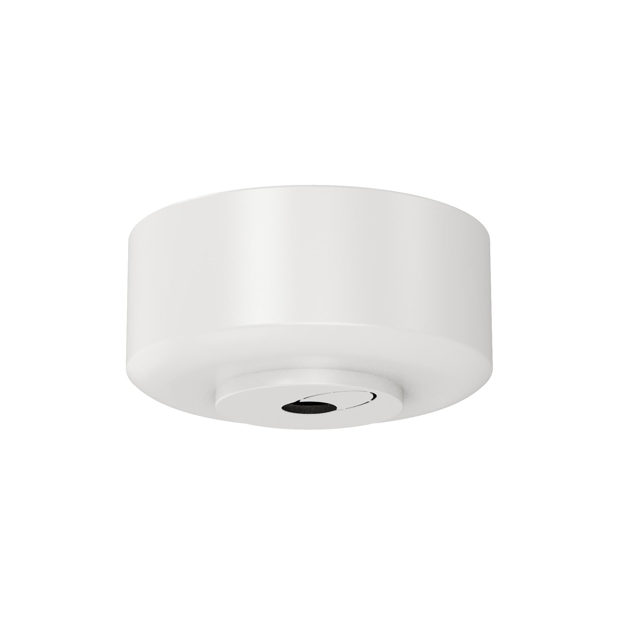 Matte white ceiling fan canopy and mounting bracket on a white background