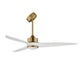 Three-blade ceiling fan with white blades, natural aged brass motor and light kit on a white background