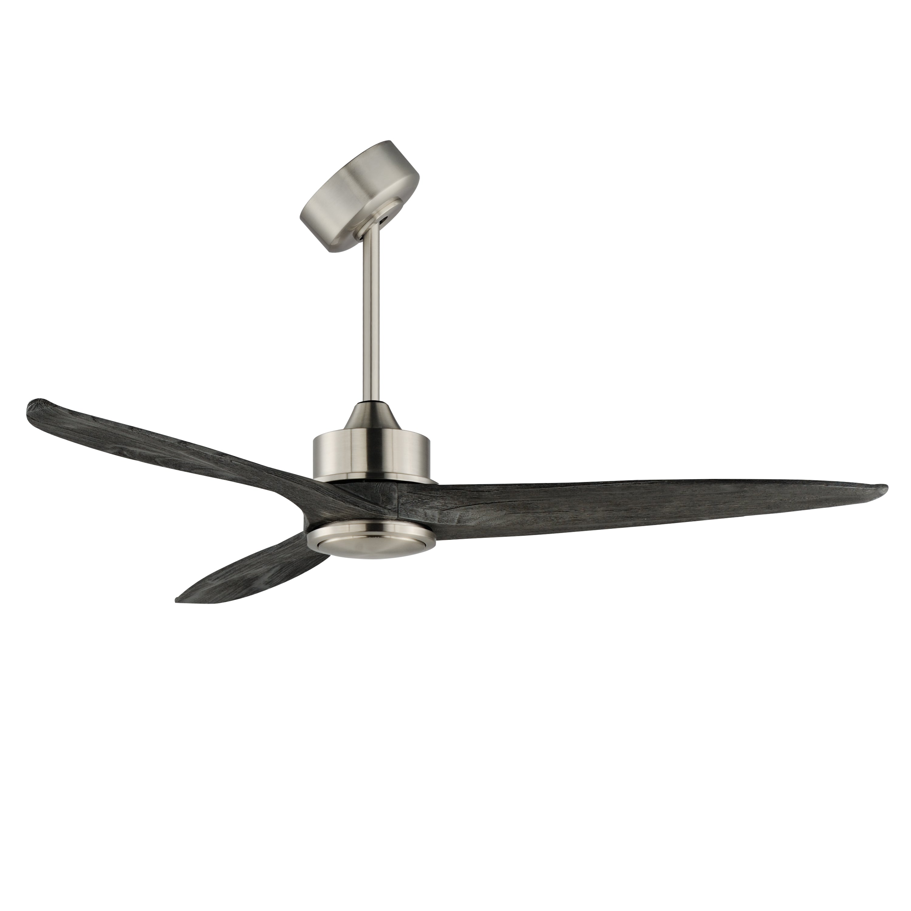 Three-blade ceiling fan with dark wood blades and satin nickel motor on a white background