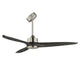 Three-blade ceiling fan with dark wood blades and satin nickel motor on a white background