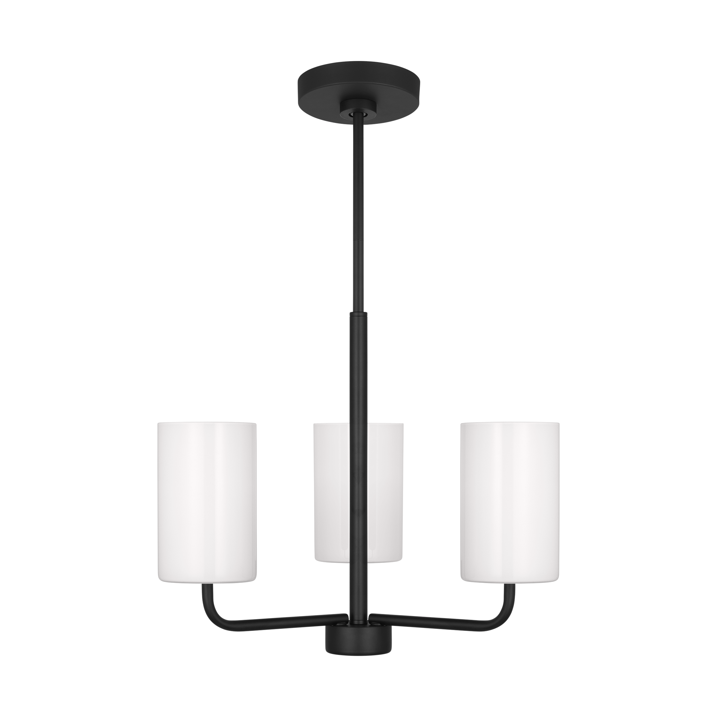 Rhett small chandelier in matte black finish with three glass shades, designed to complement dining table décor.