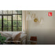 Living room with a sofa, lamp, and window view, featuring a gift card overlay.