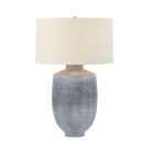 Table lamp with textured gray base and white shade on a white background