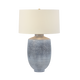 Table lamp with textured gray base and white shade on a white background