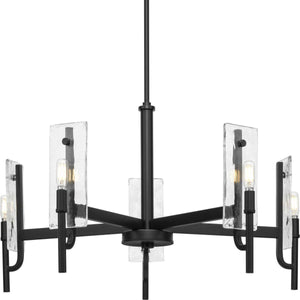 Rivera black farmhouse chandelier with matte black finish, adding timeless charm to dining rooms.