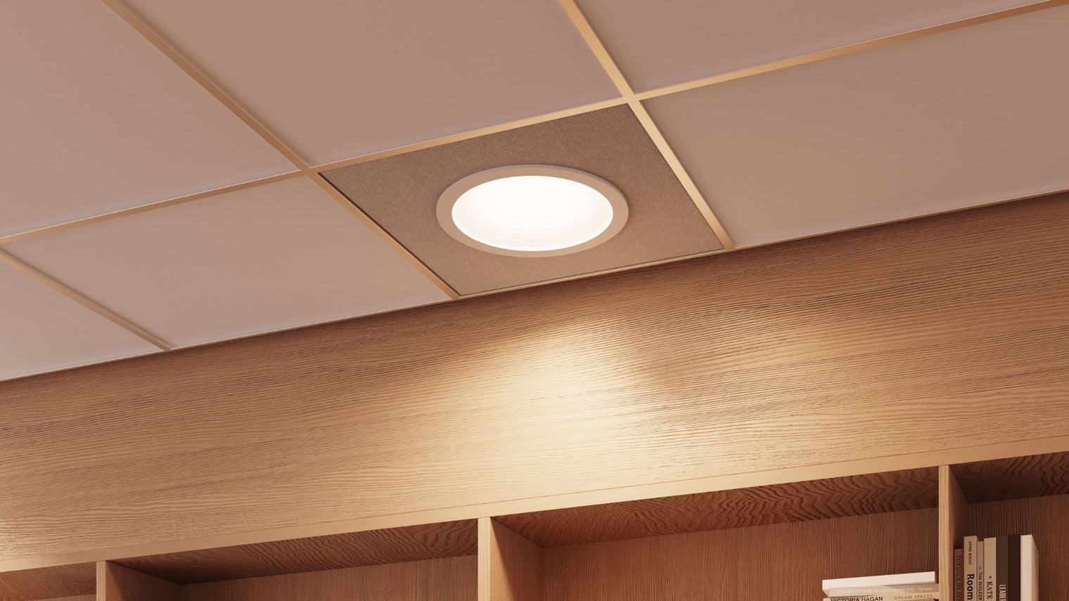 Round recessed LED downlight with frosted diffuser set into drop ceiling tile above oak open shelving