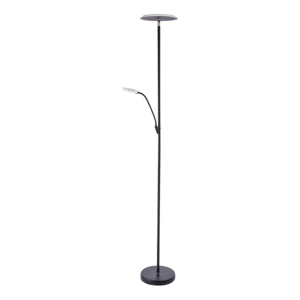 Iggy LED torchiere floor lamp with slim black frame, uplight design, and adjustable reading light.