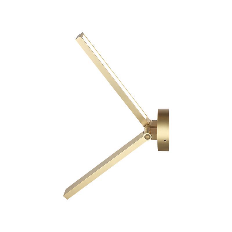 Adjustable LED picture light with pivoting arm in brushed gold finish, shown at angle, product photo