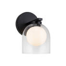 1-light wall sconce in matte black finish with clear glass dome shade and frosted globe bulb, product photo