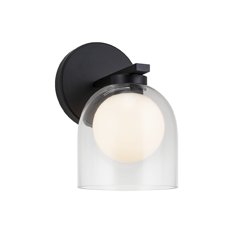 1-light wall sconce in matte black finish with clear glass dome shade and frosted globe bulb, product photo